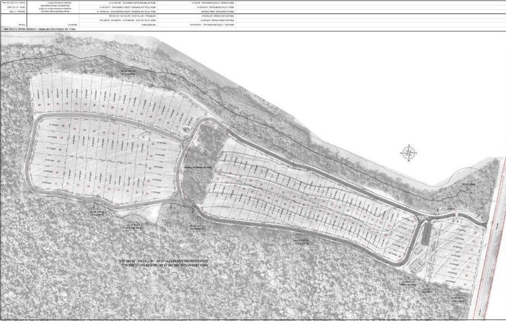 Projeto urbanístico do Condomínio Belvedere sobre imagem aérea da área, em Astorga/PR